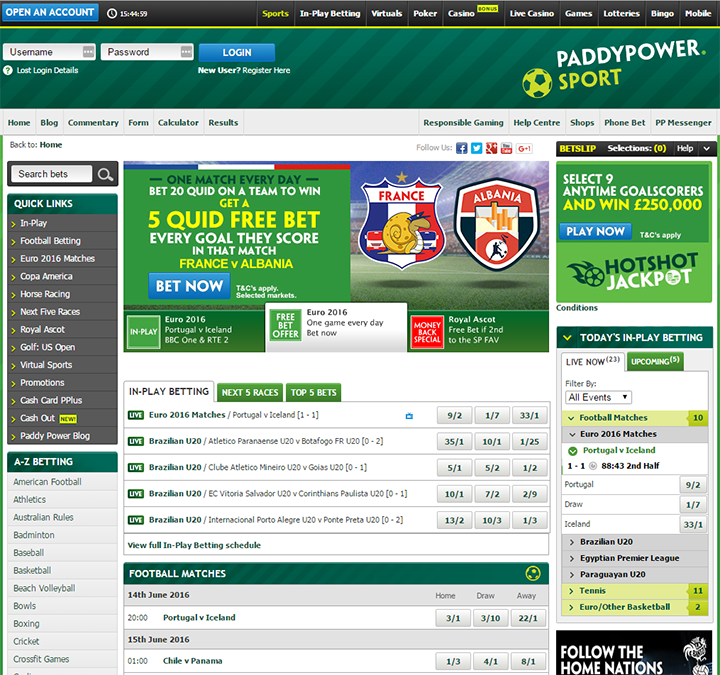 Paddy Power Main Site Software Interface