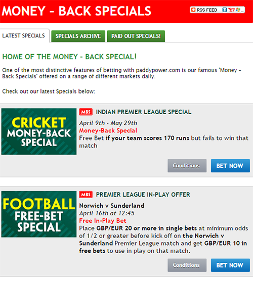 Paddy Power Money Back Special Promotion