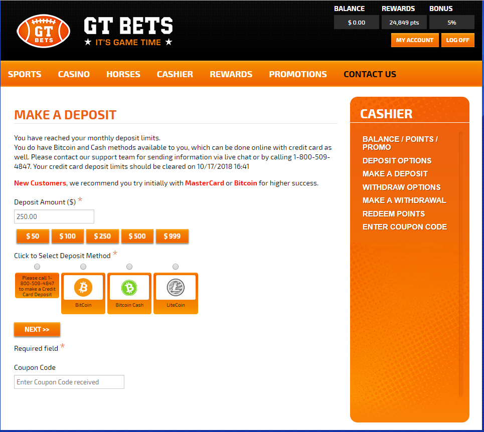GTBets Deposit Page